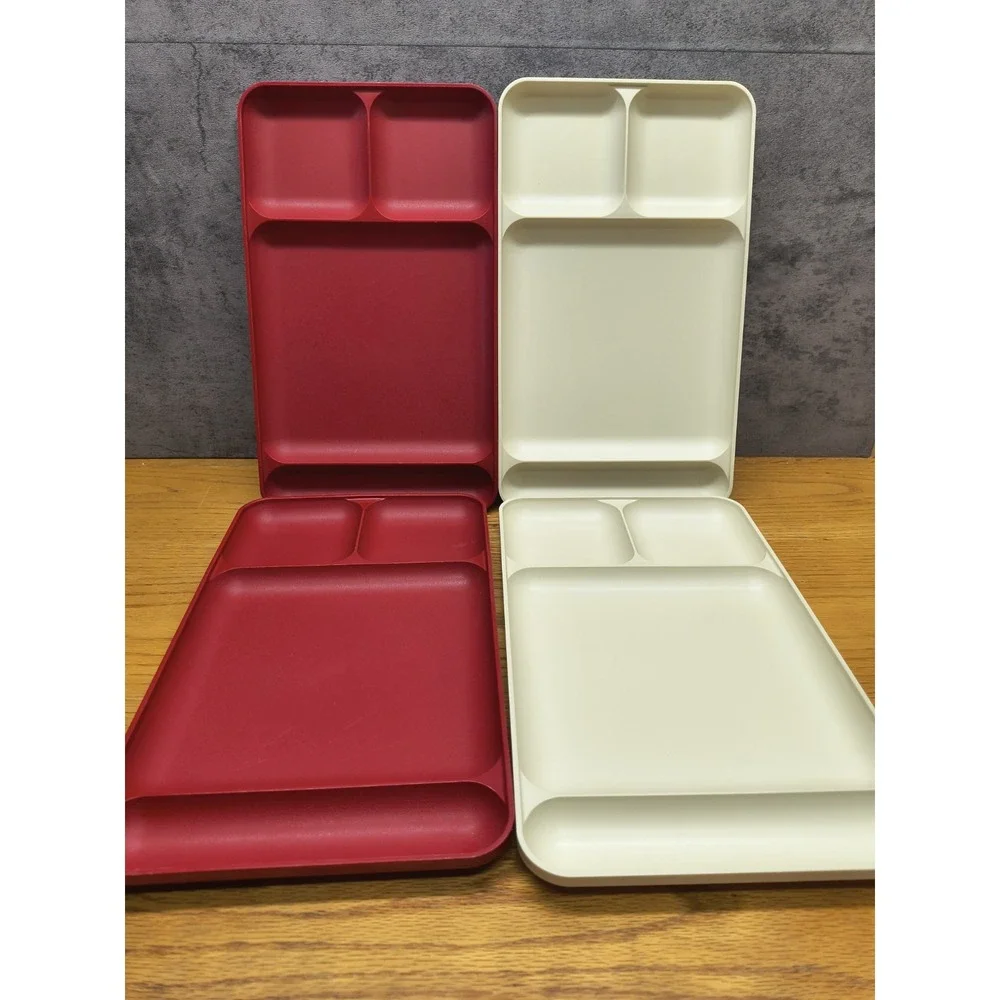 Vintage Tupperware Divided Food Lunch Trays Set of 4‎ trays Red And White Colors